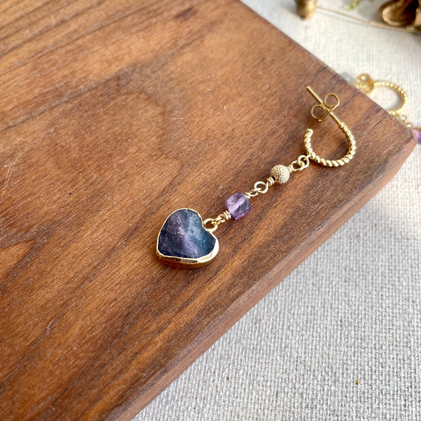 Heart-shaped Fluorite And Amethyst Gold-plated Ear Hoop