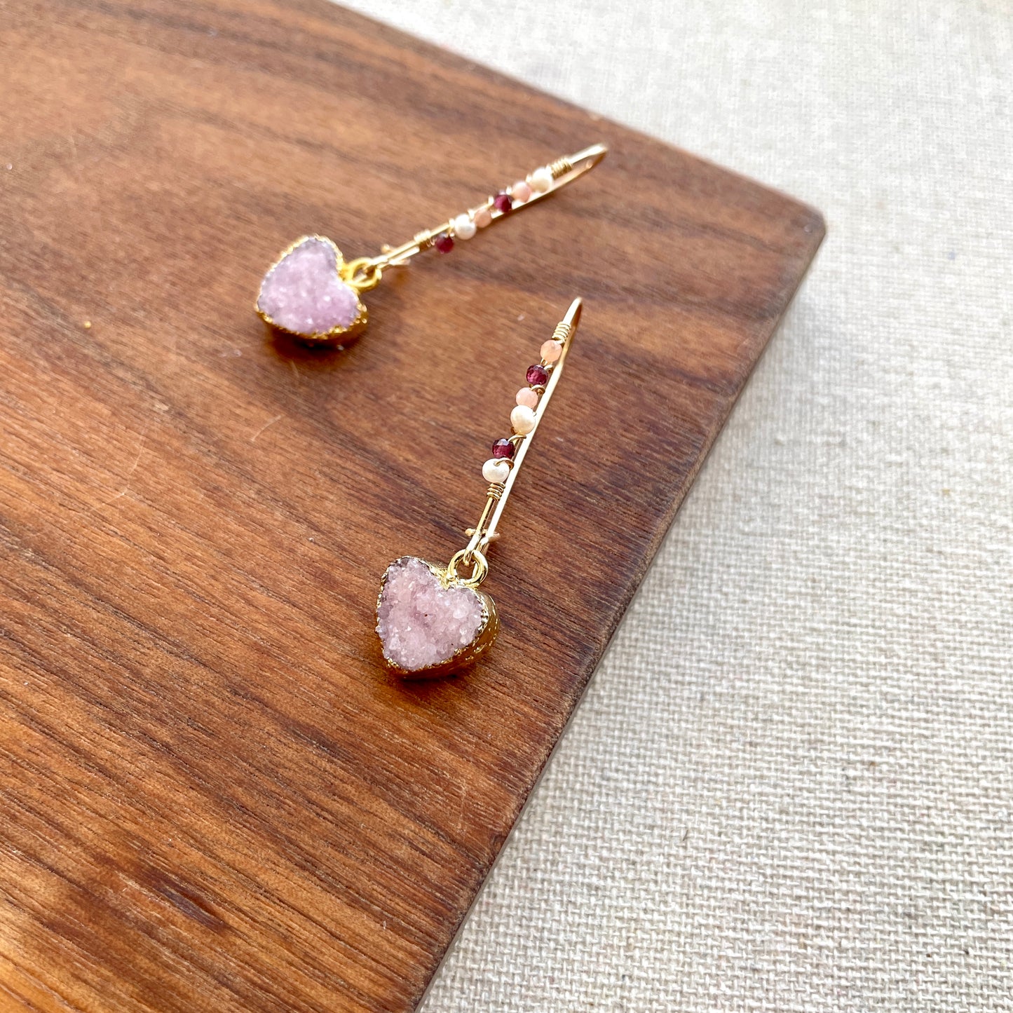 Heart-shaped Druzy Stones Wire Wrapping 14k Gold-filled Earring