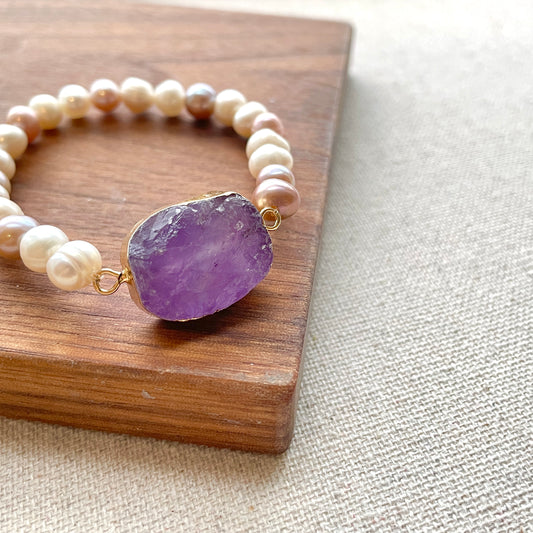 Amethyst Raw Stone And Freshwater Pearl Beaded Bracelet