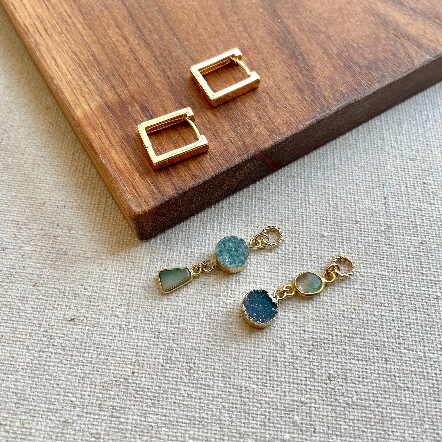 Watermelon Tourmaline And Druzy Stone Gold-plated Two-way Ear Hoop