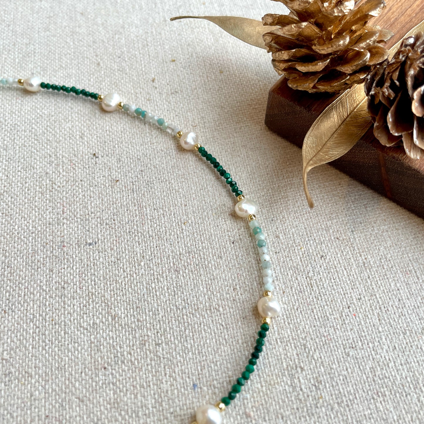 Malachite And Amazonite With Freshwater Pearl Beaded Choker Necklace