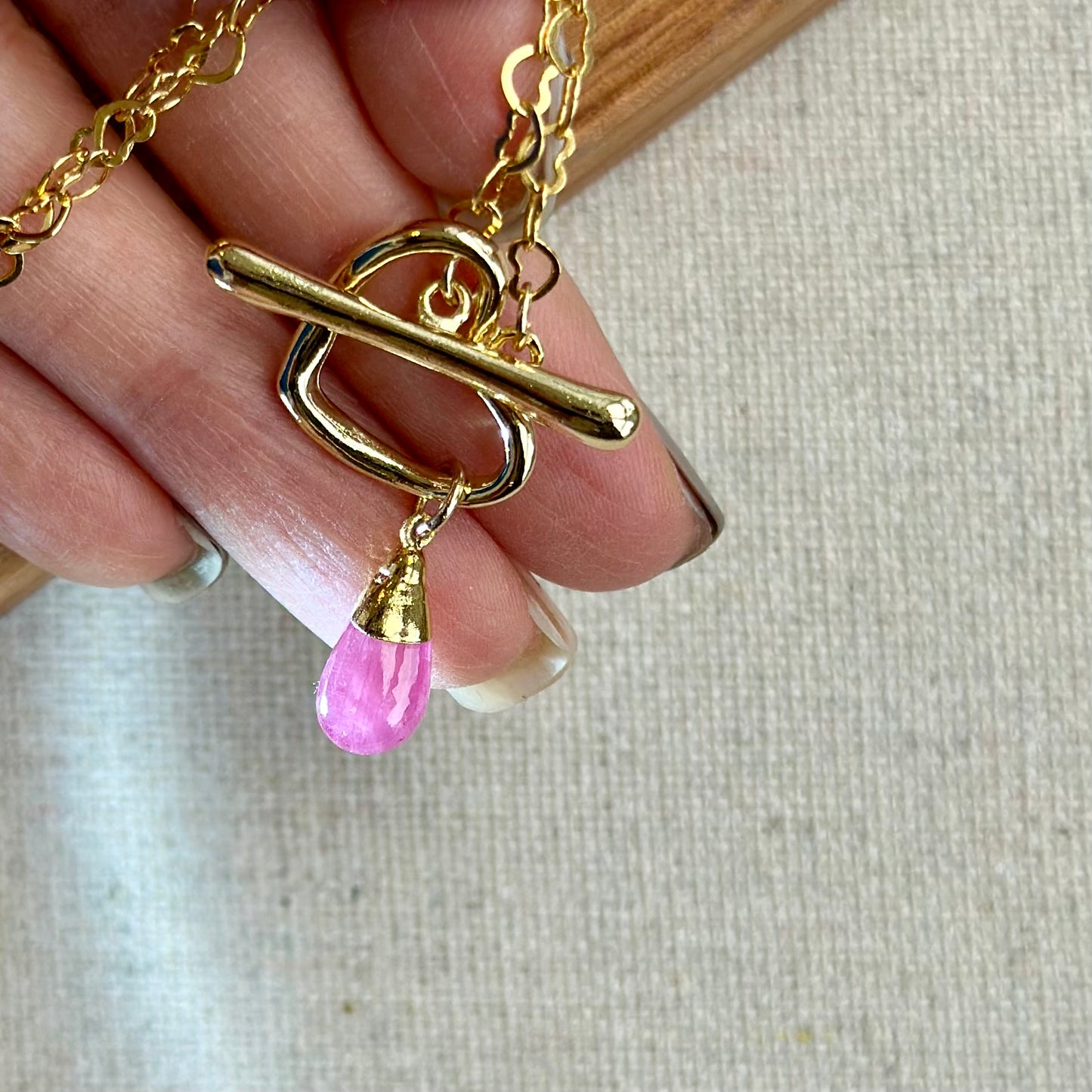 Pink Sapphire Heart Hoop Toggle Gold-plated Sterling Silver Necklace