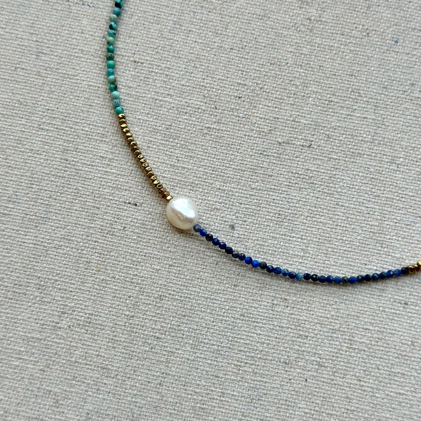 Turquoise And Lapis Mixed Freshwater Pearl Gold-plated Beaded Choker Necklace