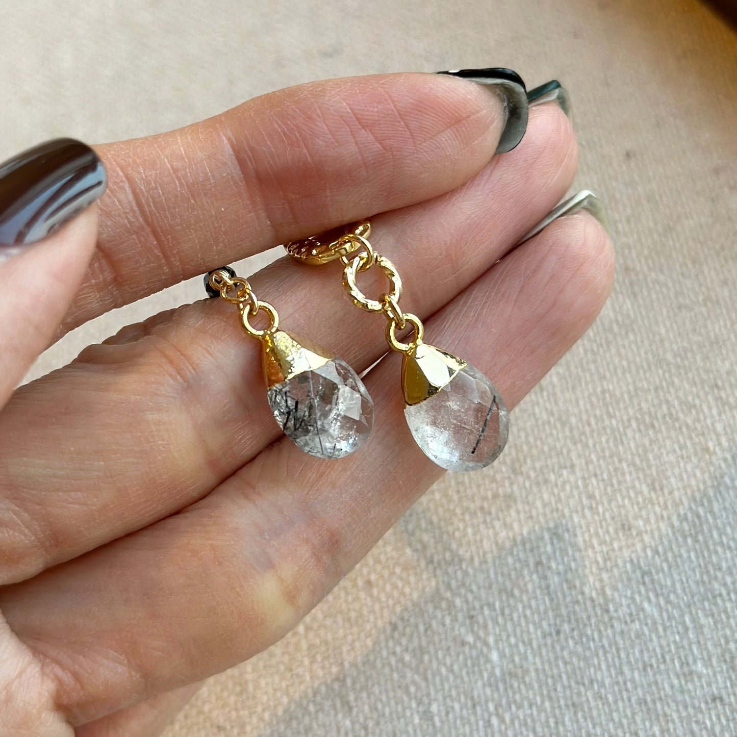 Black Rutilated Quartz And Black Spinel Gold-plated Sterling Silver Earring