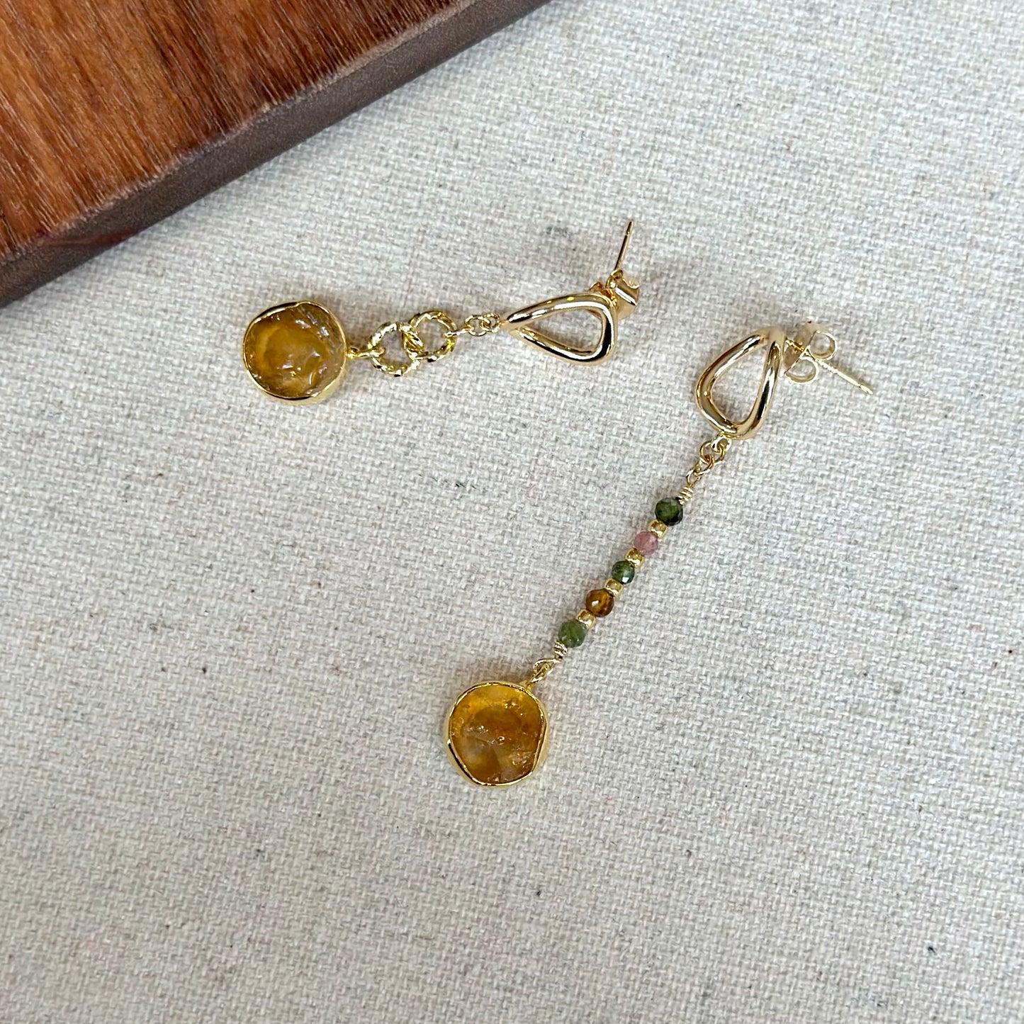 Citrine Raw Stone And Mixed Tourmaline Gold-plated Earring