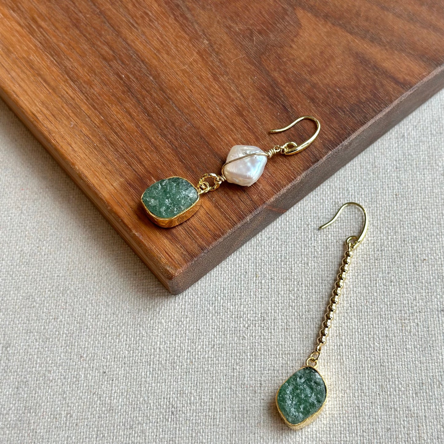 Aventurine And Baroque Pearls 14k Gold-filled Wire Wrapping Earring