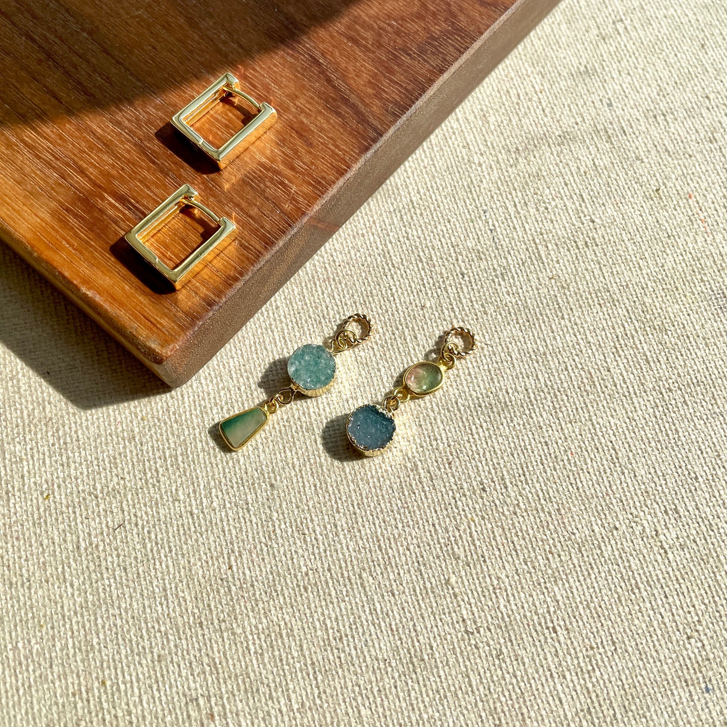 Watermelon Tourmaline And Druzy Stone Gold-plated Two-way Ear Hoop