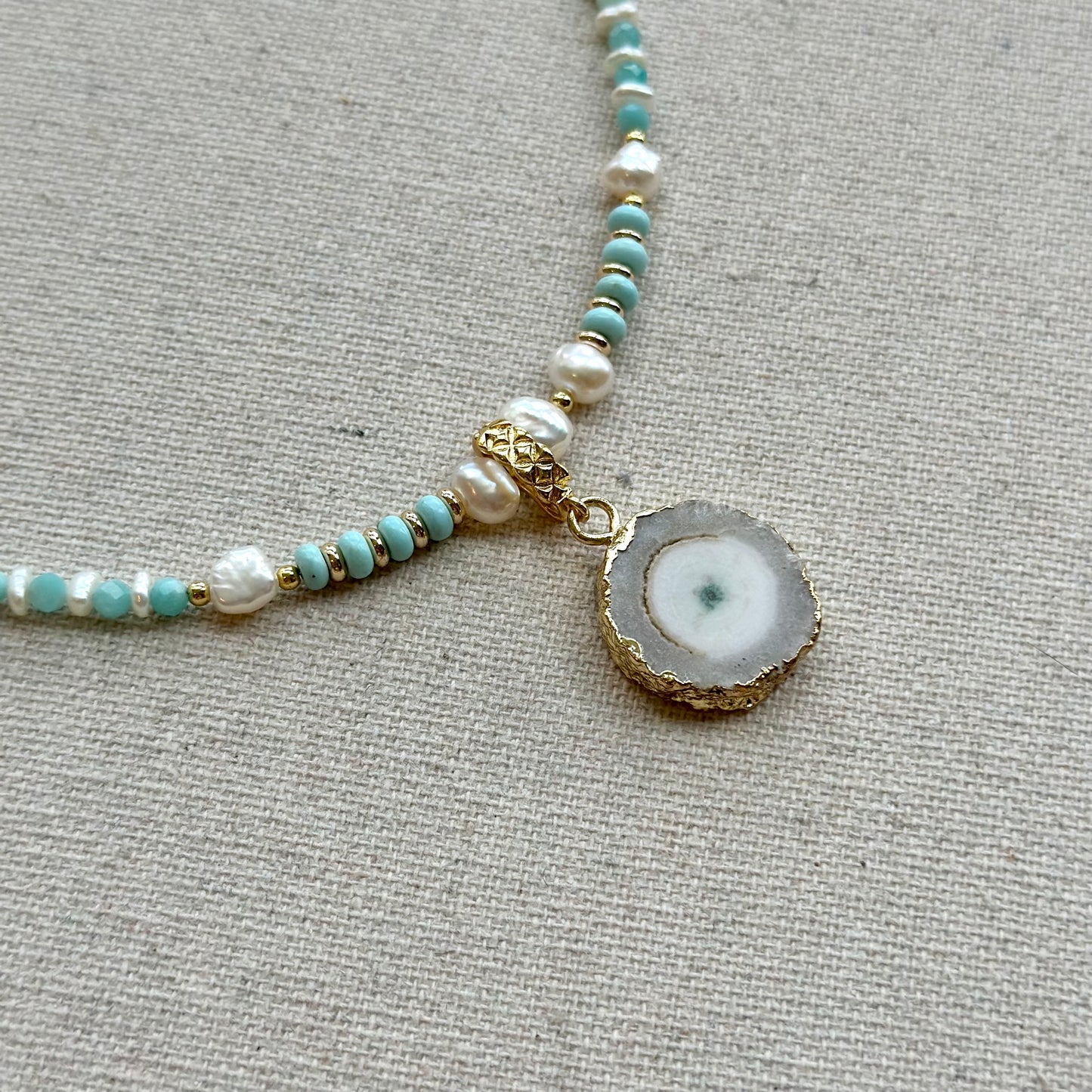 Agate Pendant Mixed Turquoise And Amazonite Beaded Choker Necklace