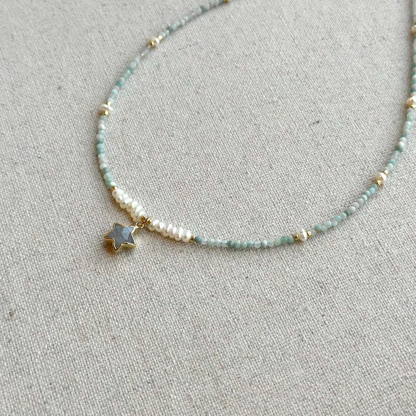 Star-shaped Moonstone And Amazonite With Freshwater Pearl Beaded Necklace