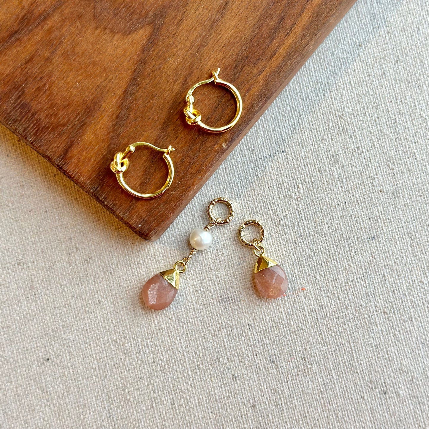 Peach Moonstone Drop Gold-plated Sterling Silver Two-way Ear Hoop