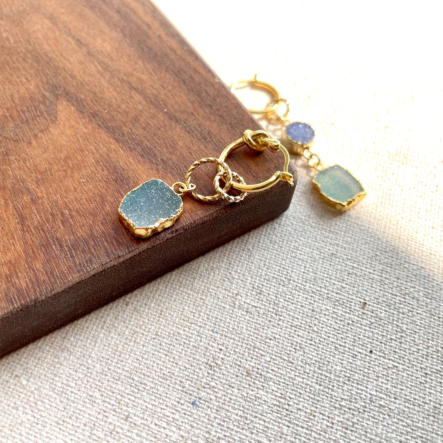 Blue Druzy Stone And Knots Gold-plated Two-way Ear Hoop