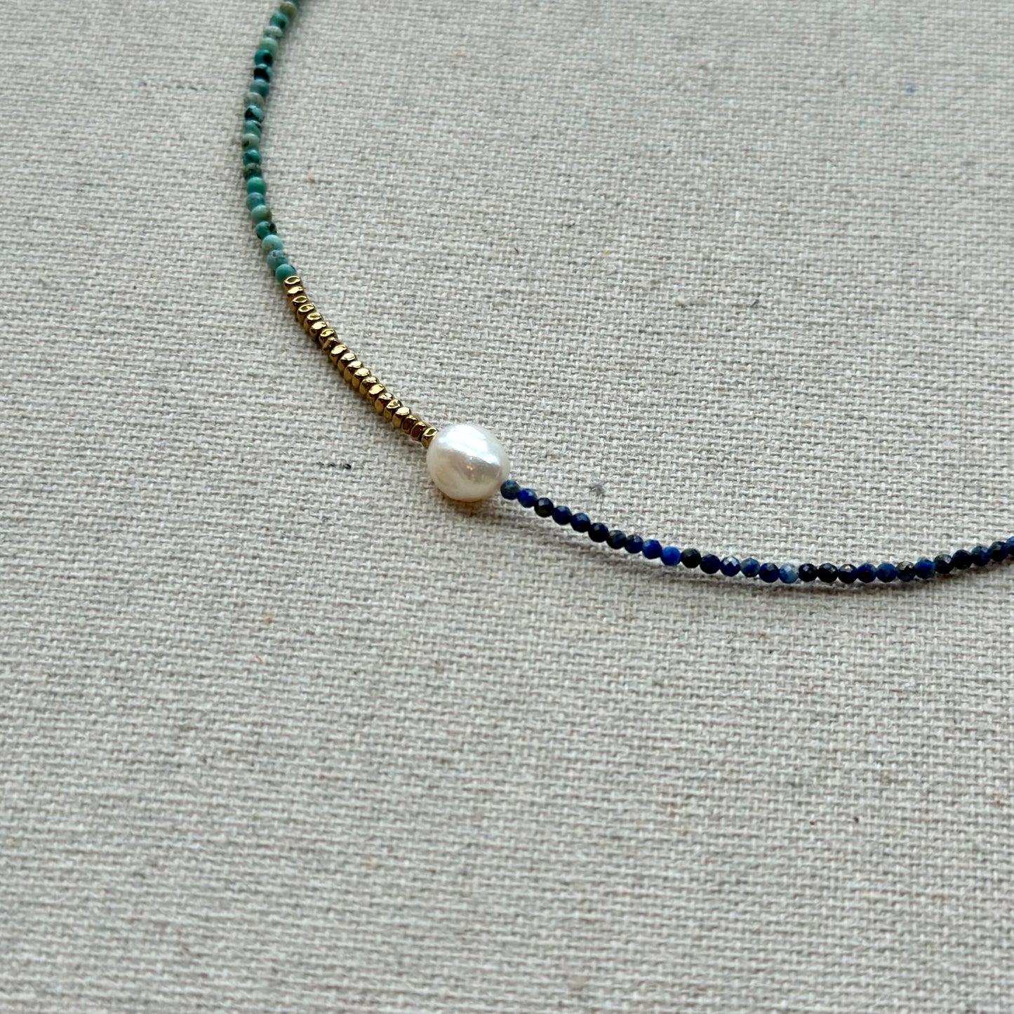 Turquoise And Lapis Mixed Freshwater Pearl Gold-plated Beaded Choker Necklace