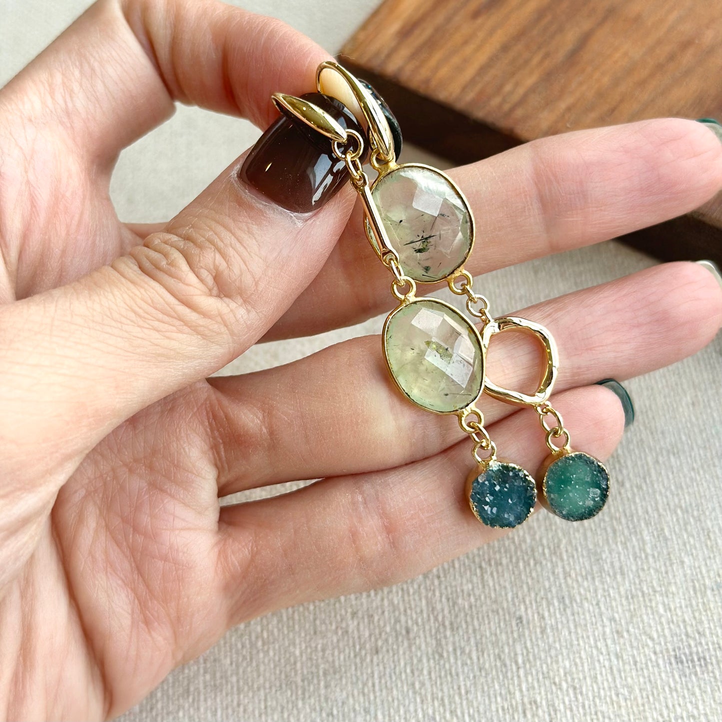 Prehnite And Druzy Stone Gold-plated Earring