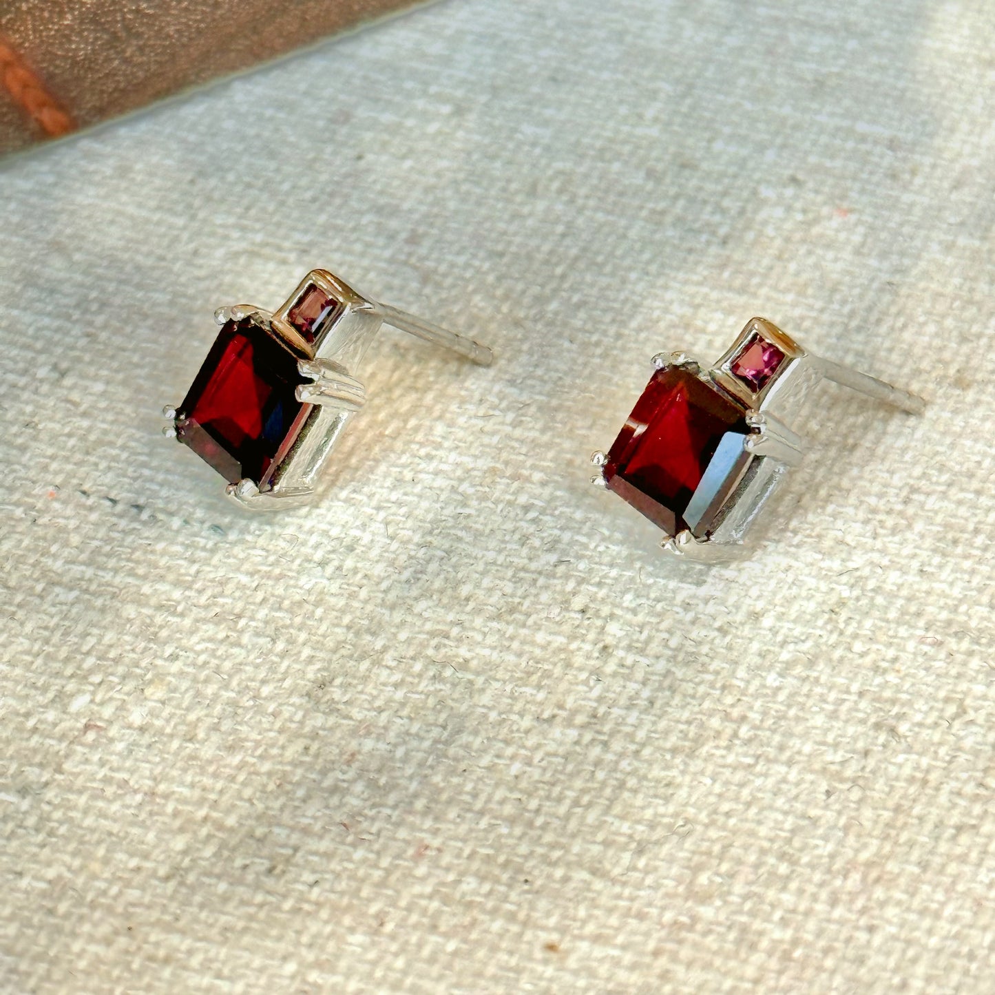 Garnet Square Cut Sterling Silver Ear Stud