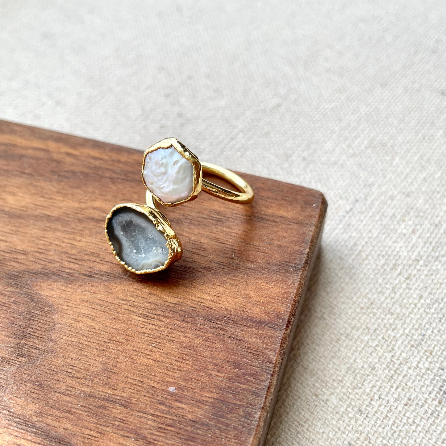 Freshwater Pearl And Agate Geode Adjustable Gold-plated Ring