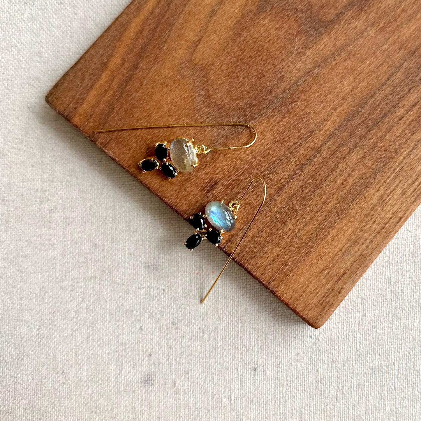 Labradorite And Black Onyx Prong Set Gold-plated Earring