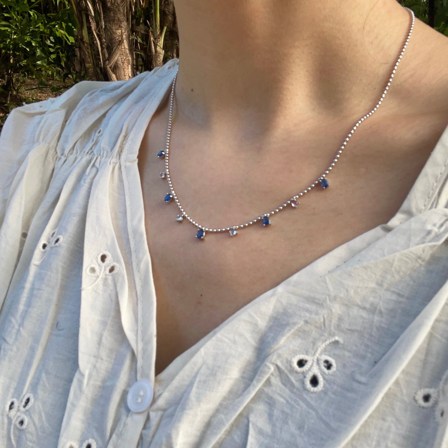 Sapphire And Moonstone Dangling Sterling Silver Necklace