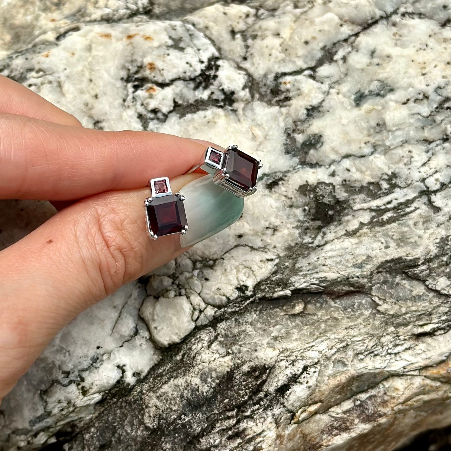 Garnet Square Cut Sterling Silver Ear Stud