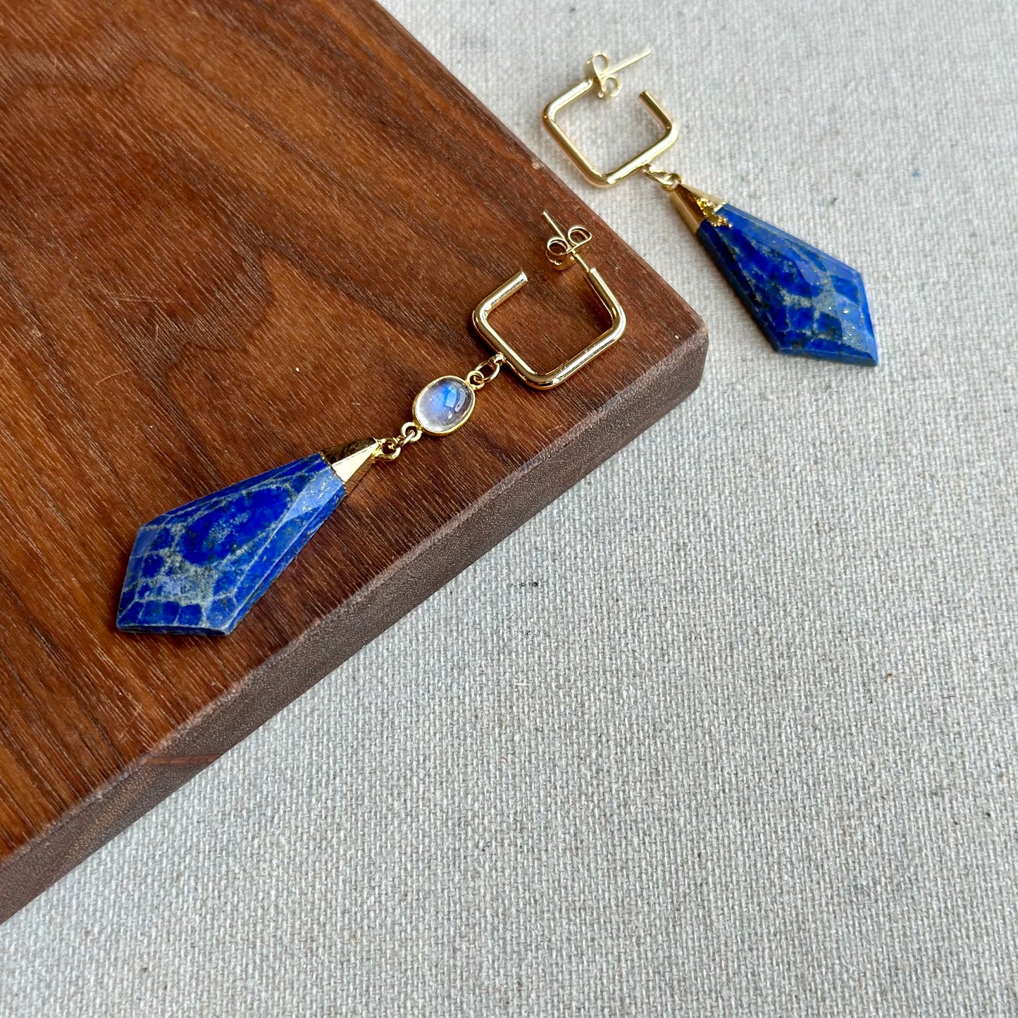 Lapis And Moonstone Asymmetric Gold-plated Earring