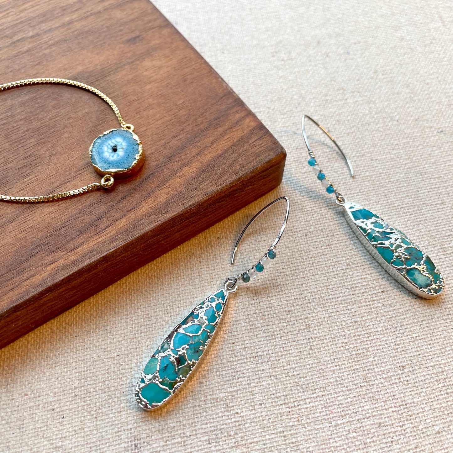 Turquoise And Wire Wrapping Apatite Sterling Silver Earring