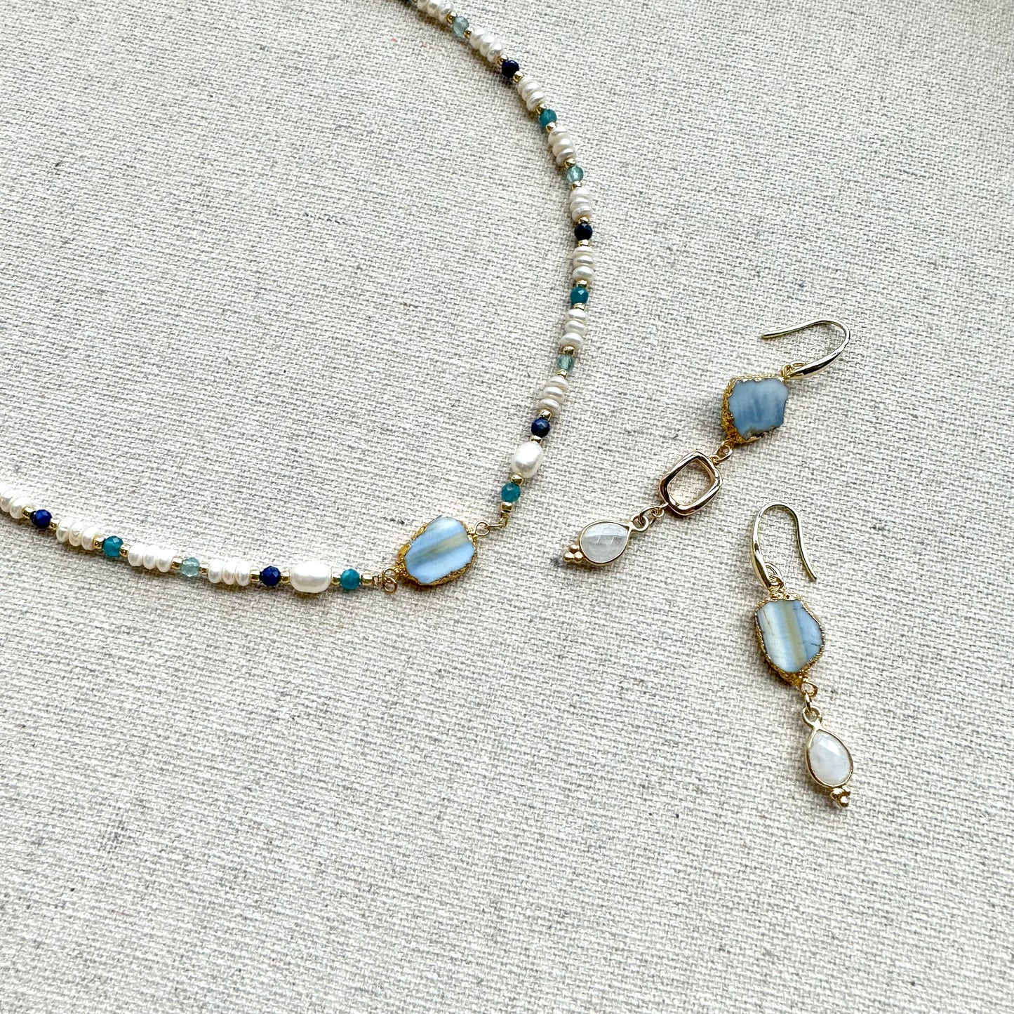 Blue Opal And Freshwater Pearl Mixed Beaded Choker Necklace