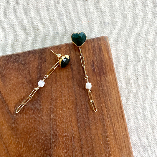 Heart-shaped Green Moss Agate And Moonstone Two-way Earring