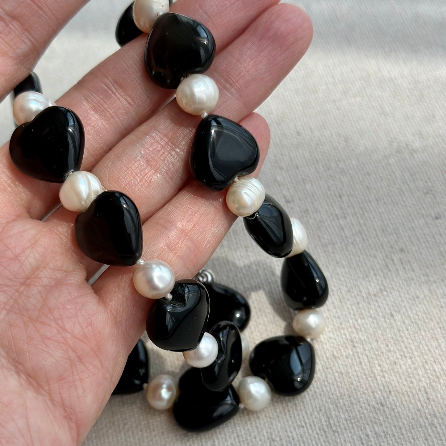 Black Onyx Heart And Freshwater Pearl Beaded Necklace