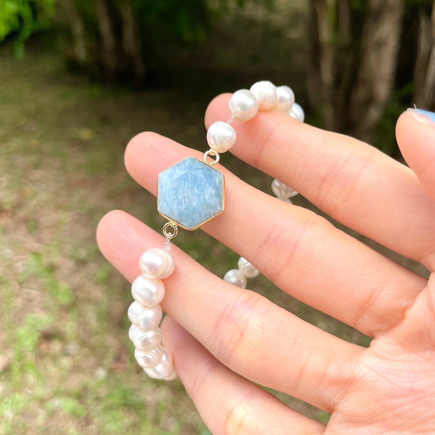 Aquamarine And Freshwater Pearl Beaded Bracelet