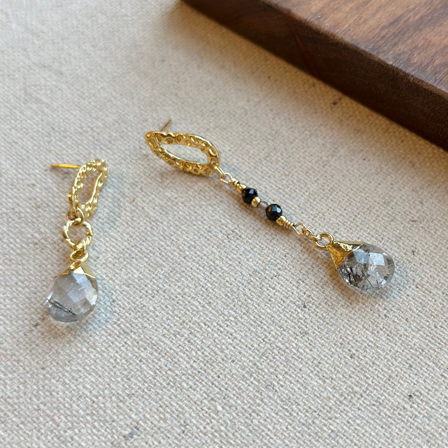 Black Rutilated Quartz And Black Spinel Gold-plated Sterling Silver Earring