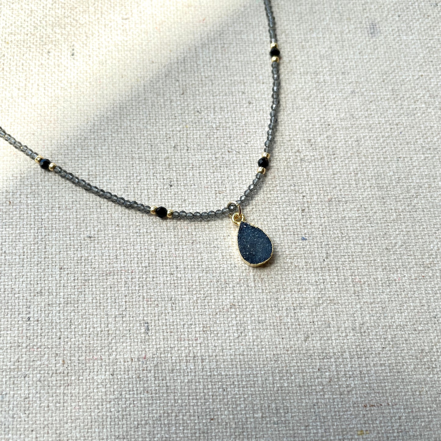 Druzy Stone And Black Spinel Beaded Necklace