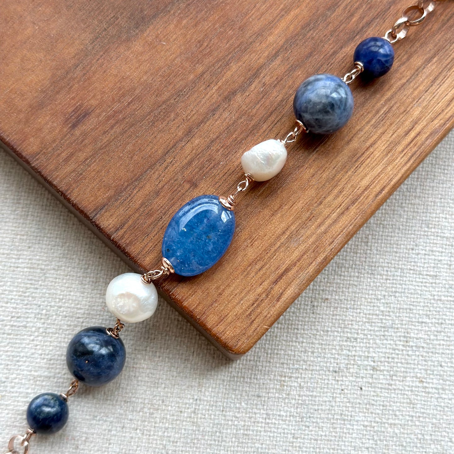 Sodalite And Freshwater Pearl Beaded Rose Gold-plated Italian Sterling Silver Chain Necklace