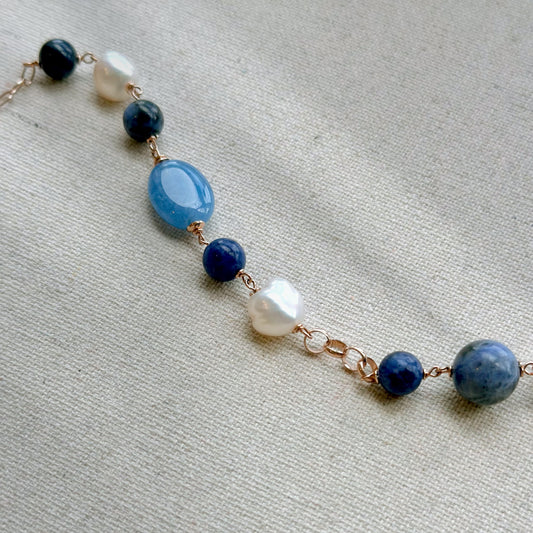 Sodalite And Freshwater Pearl Beaded Rose Gold-plated Italian Sterling Silver Chain Necklace