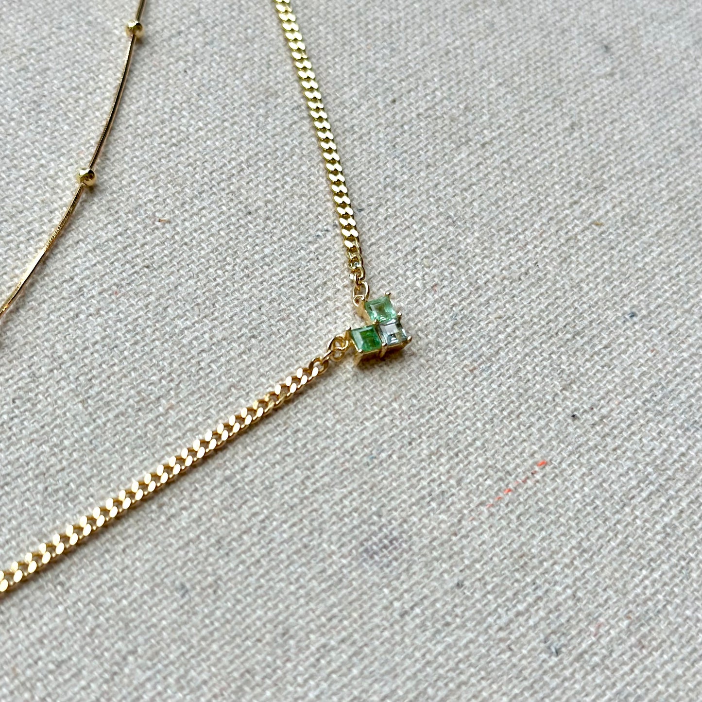 Green Tourmaline Double Layer Mixed Chain Gold-plated Sterling Silver Necklace