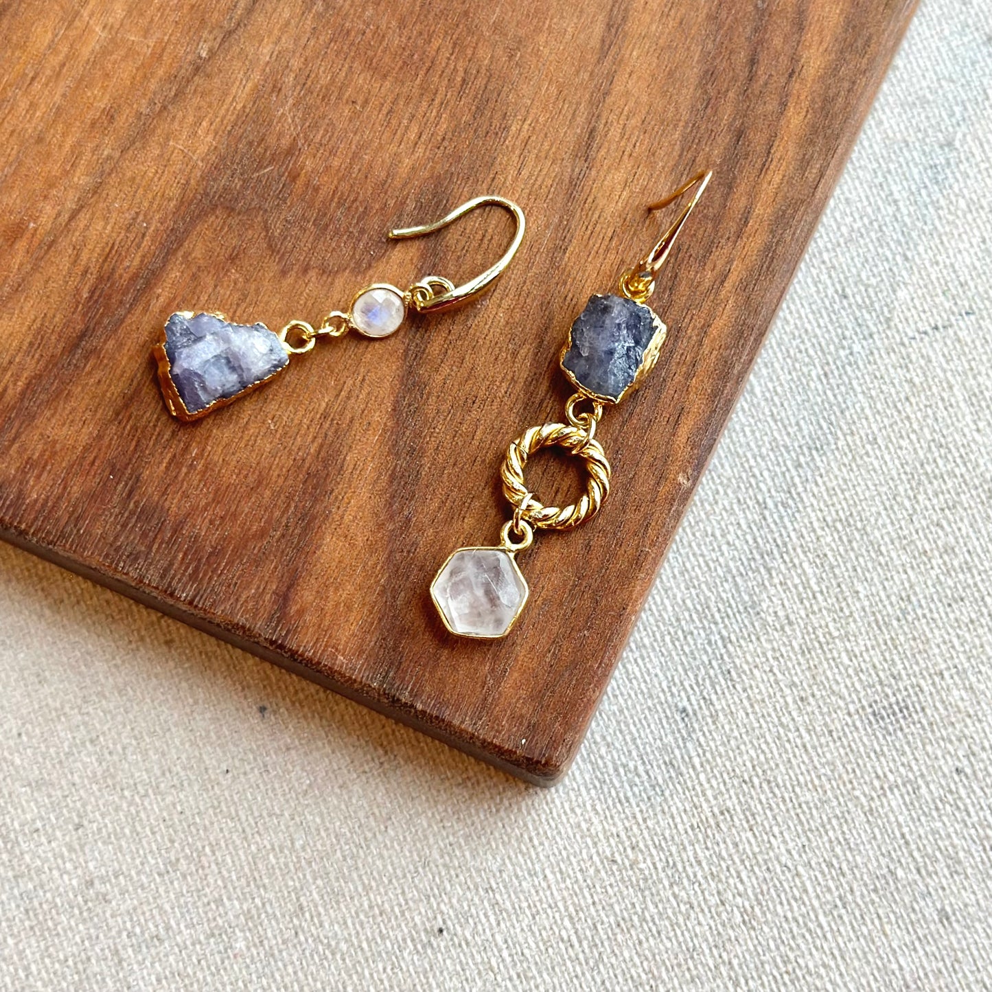 Tanzanite Raw Stone And Moonstone Earring