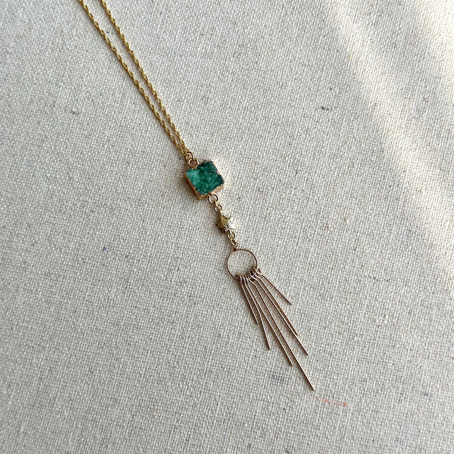 Druzy Stone And Tassels Y-shaped Gold-plated Sterling Silver Necklace