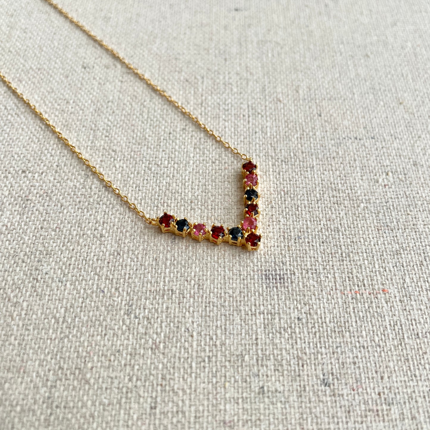 Sapphire Mixed With Garnet And Tourmaline V-shaped Gold-plated Necklace