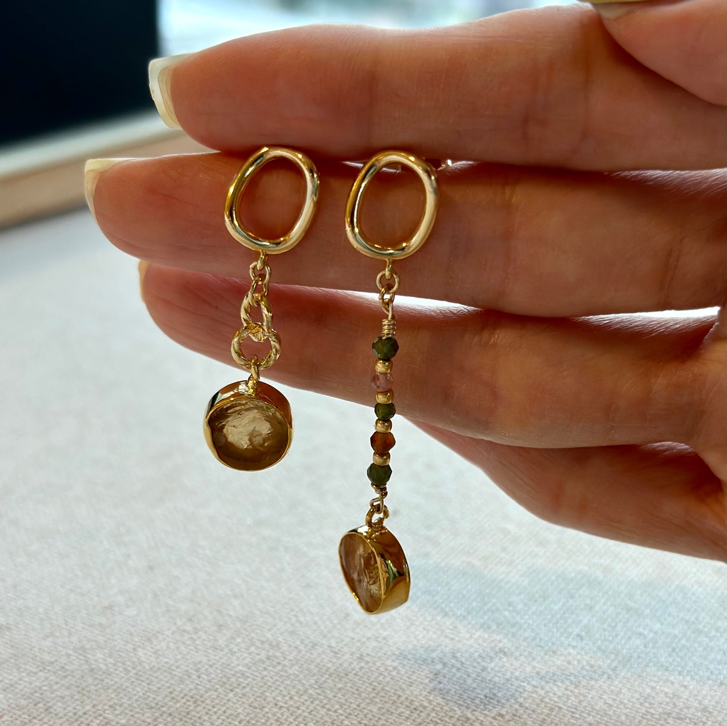 Citrine Raw Stone And Mixed Tourmaline Gold-plated Earring