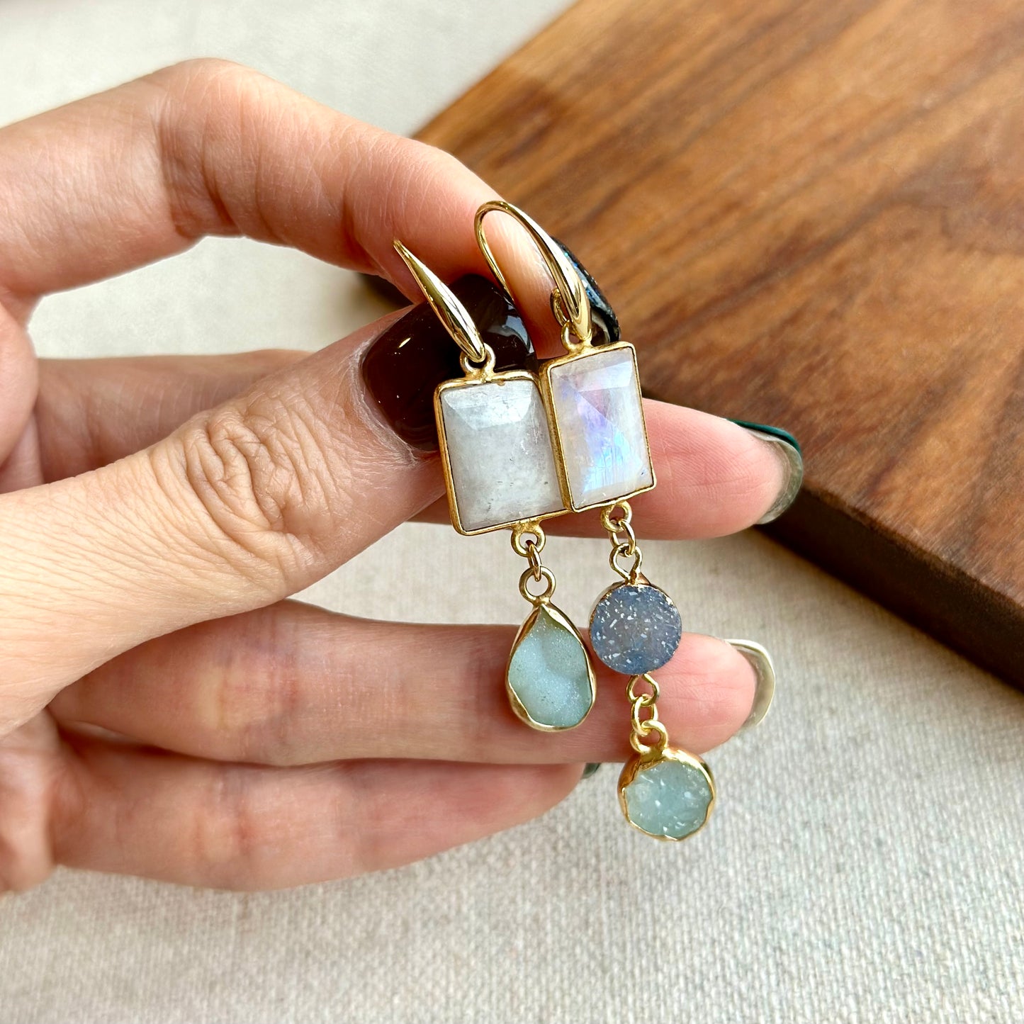 Moonstone And Druzy Stone Gold-plated Earring