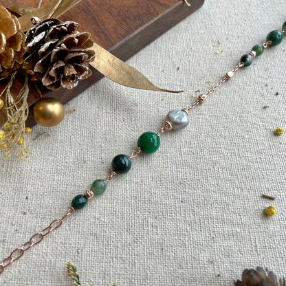 Agate And Moss Agate Beaded Rose Gold-plated Italian Sterling Silver Chain Necklace