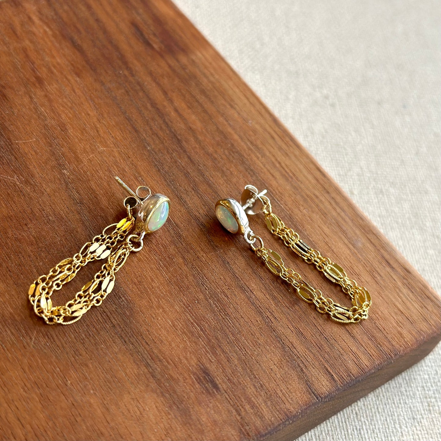 Opal Stud And Chain Hoop-like Gold-plated Sterling Silver Earring