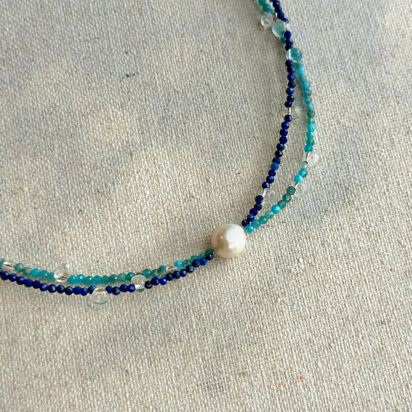 Freshwater Pearl And Lapis Mixed Apatite Beaded Double Layer Necklace