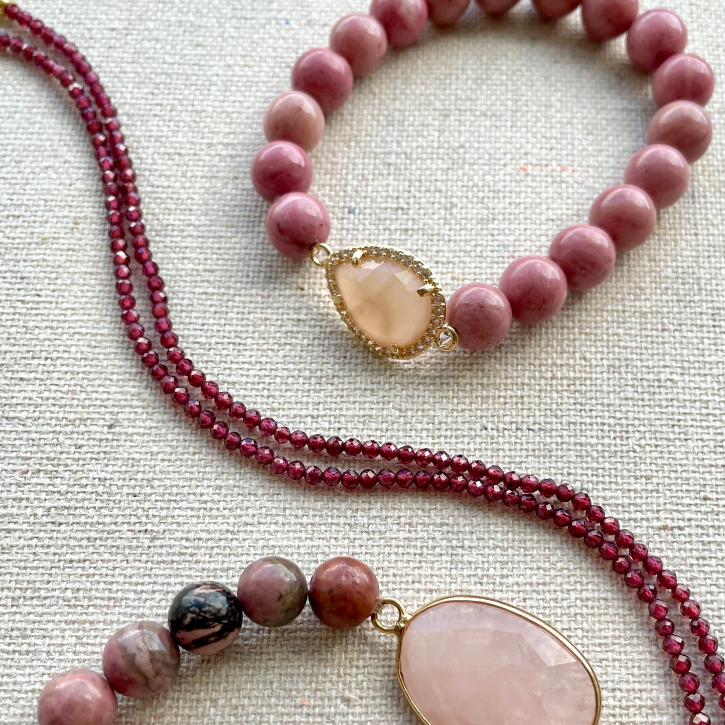 Sunstone And Rhodonite Beaded Bracelet