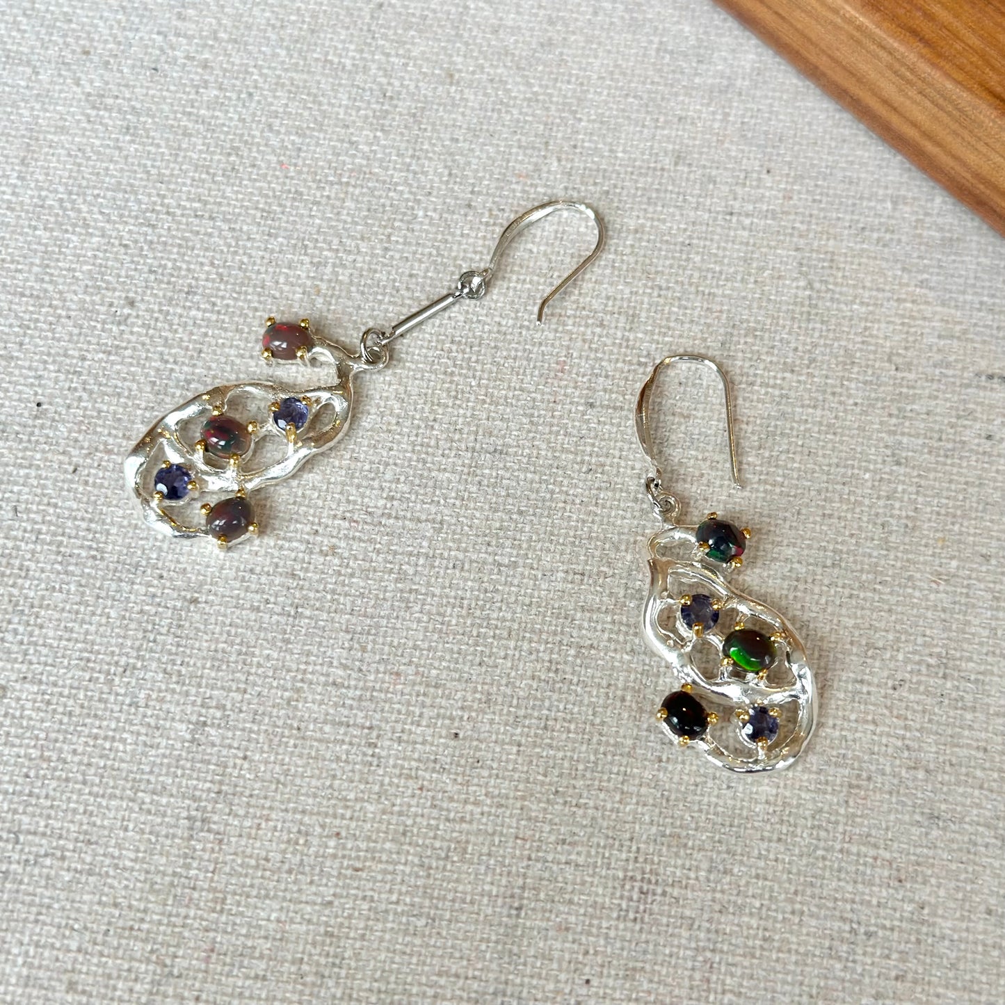 Black Opal And Iolite In Abstract Sterling Silver Earring