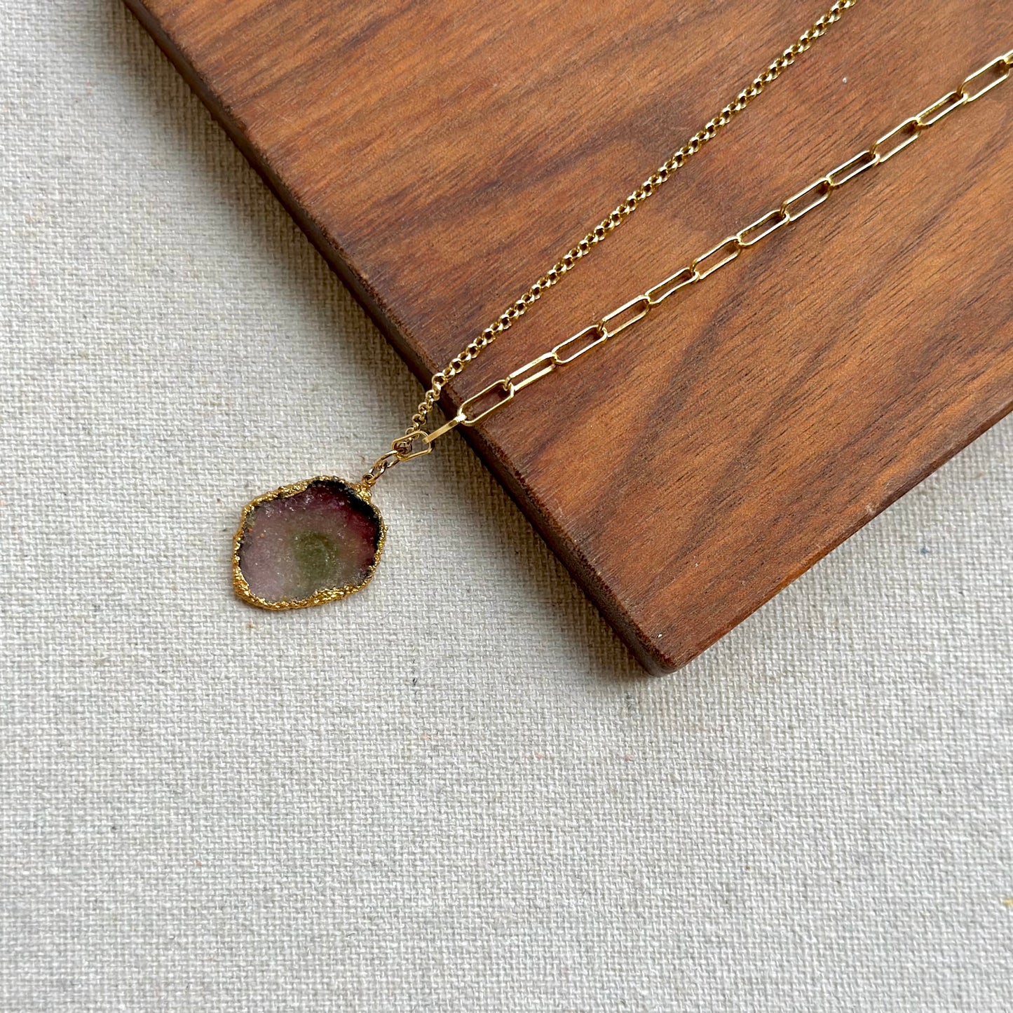 Watermelon Tourmaline Asymmetric Gold-plated Sterling Silver Necklace