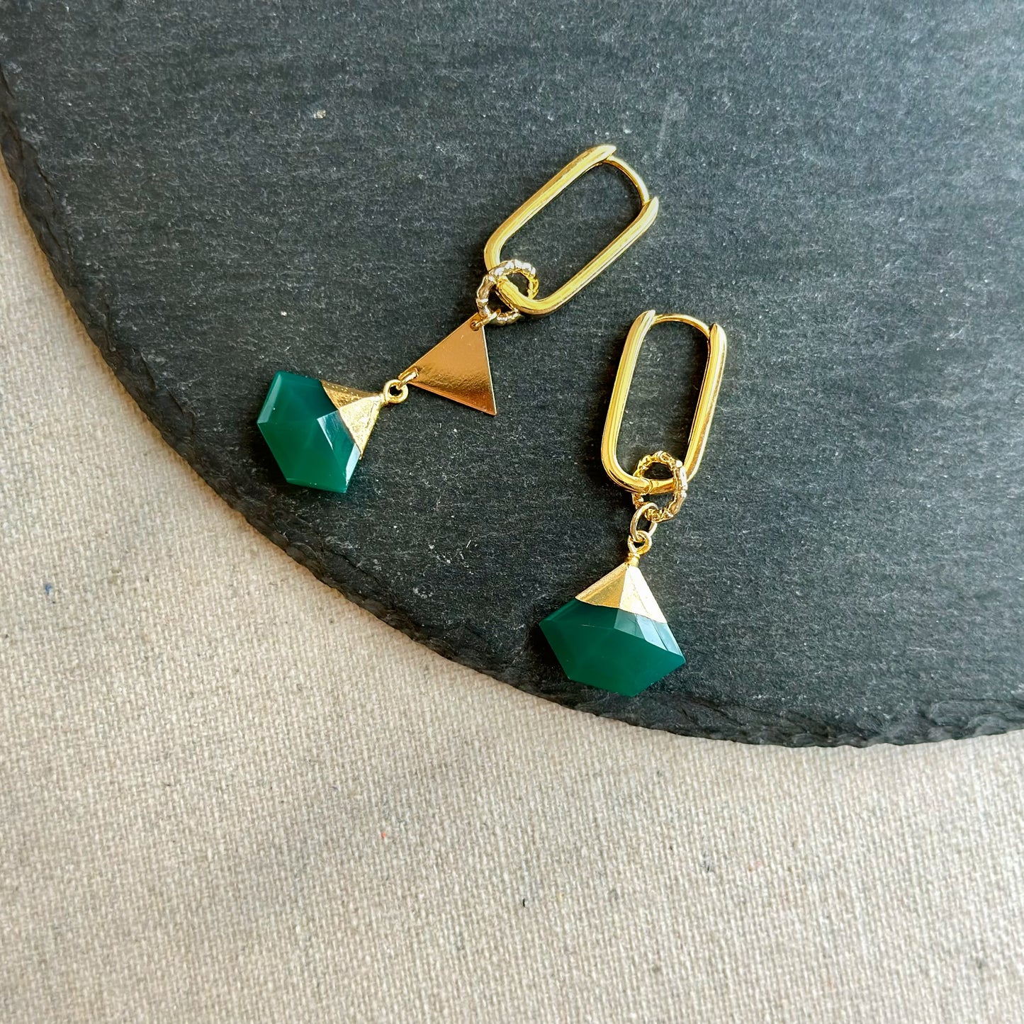 Green Onyx Geometric Two-way Gold-plated Sterling Silver Ear Hoop