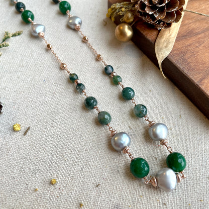 Agate And Moss Agate Beaded Rose Gold-plated Italian Sterling Silver Chain Necklace