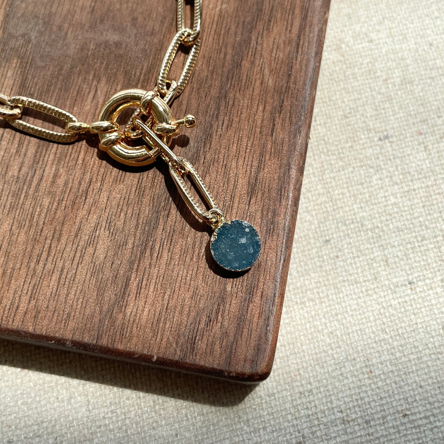 Blue Druzy Stone Oval Link Chain Bracelet