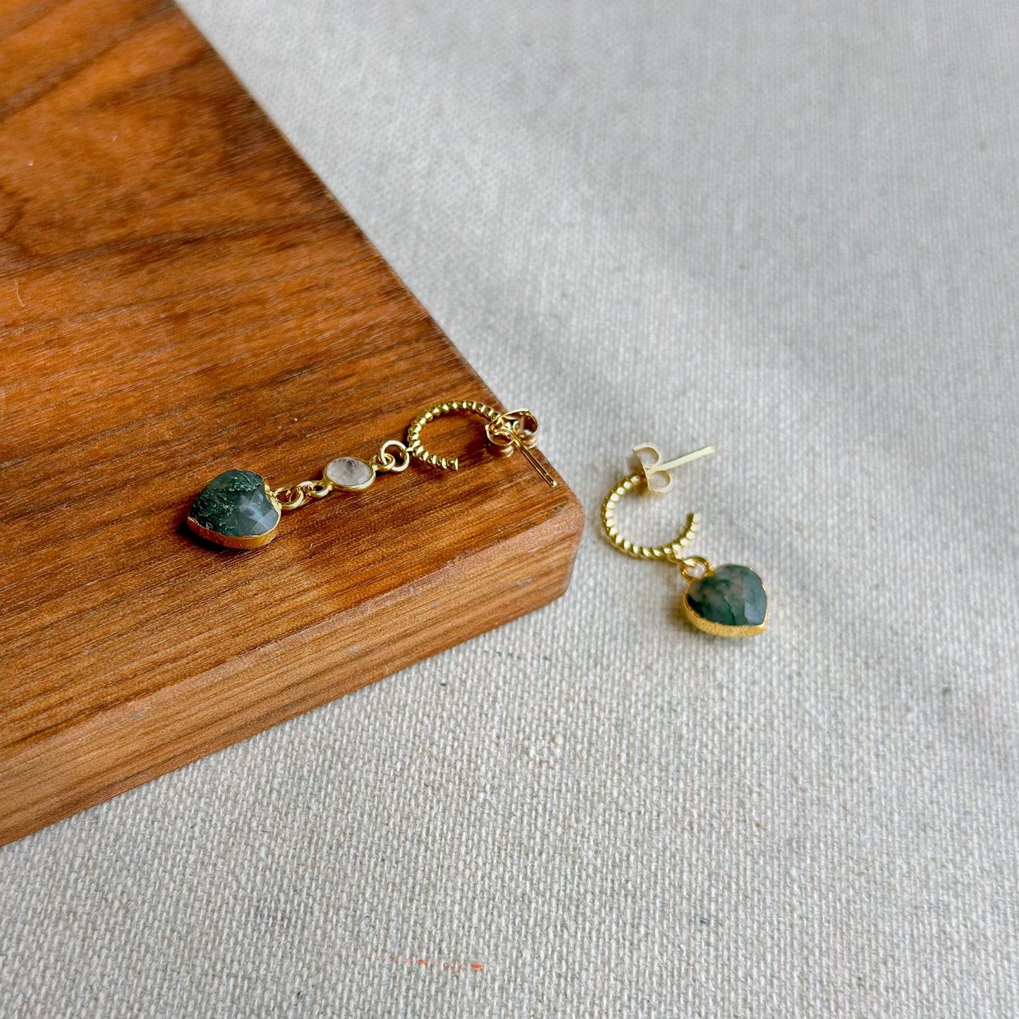 Moss Agate Heart And Moonstone Gold-plated Sterling Silver Hoop Earring