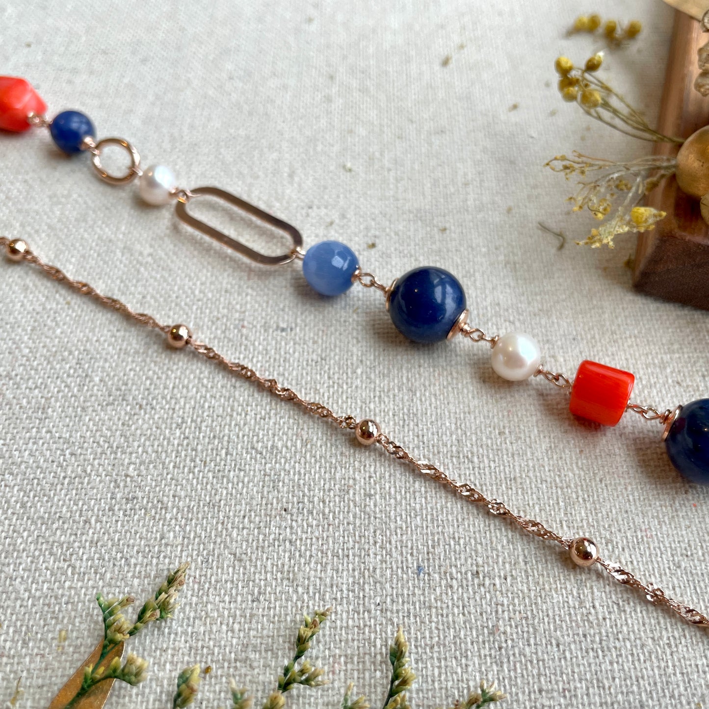 Lapis And Coral Beaded Rose Gold-plated Italian Sterling Silver Chain Necklace