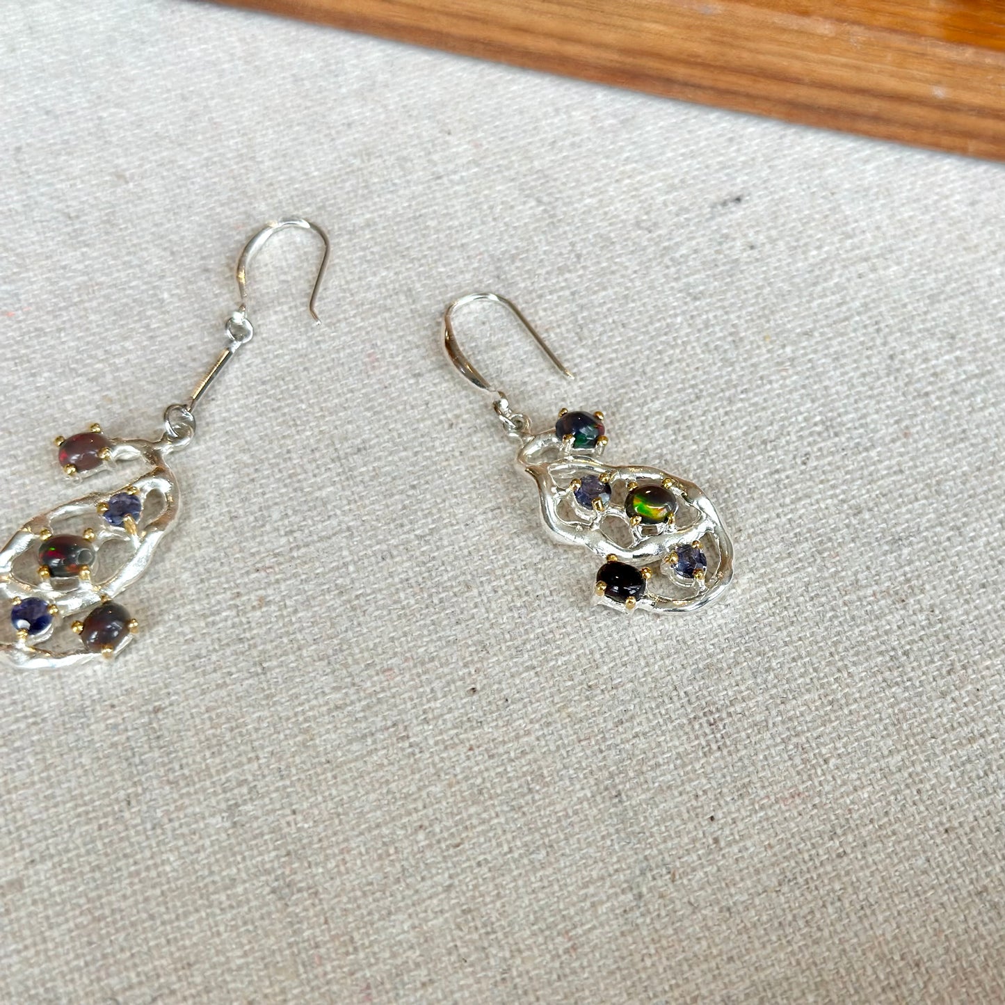 Black Opal And Iolite In Abstract Sterling Silver Earring